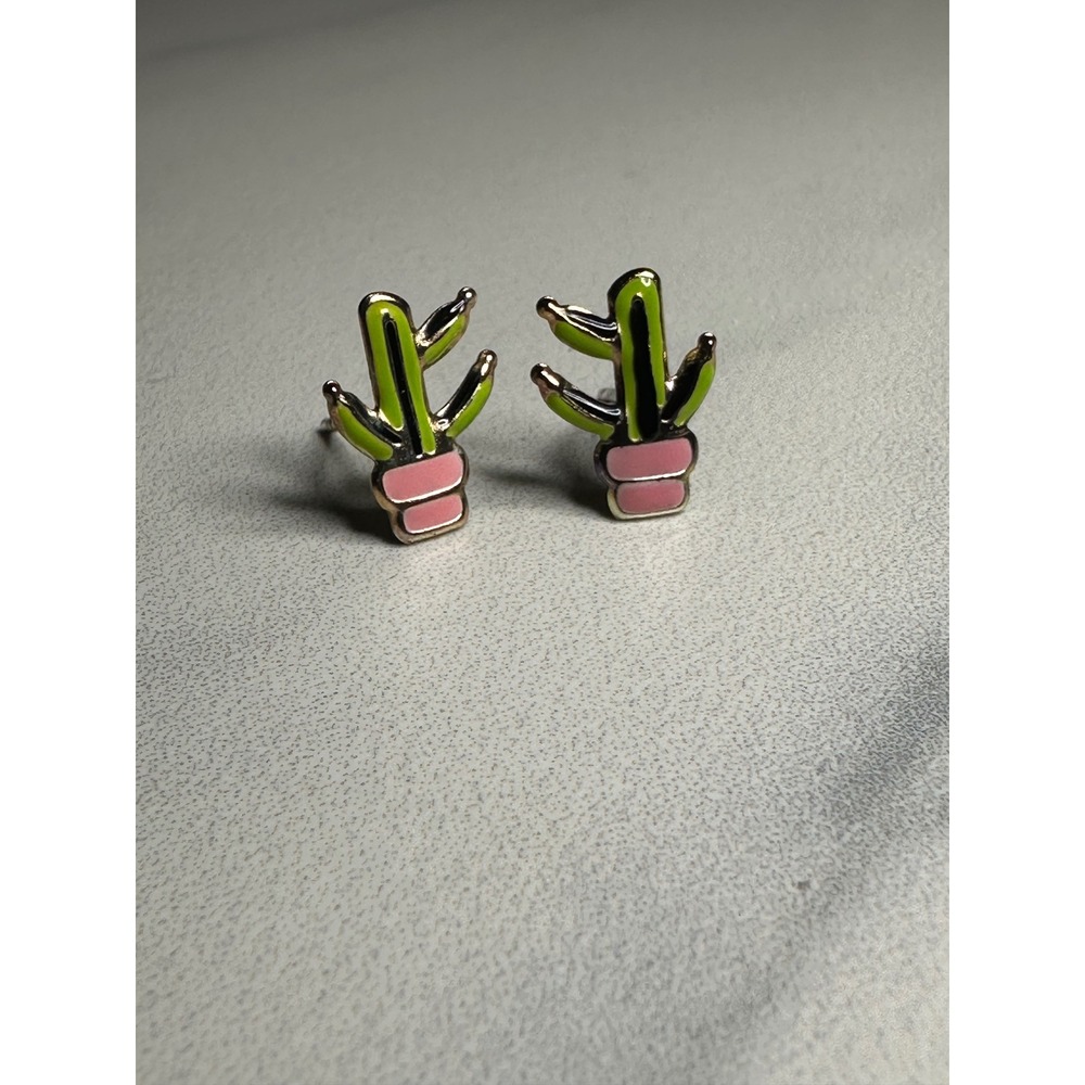 Sterling Silver 925 Enamel Cactus Stud Earrings Pink Pot Green Saguaro Jewelry